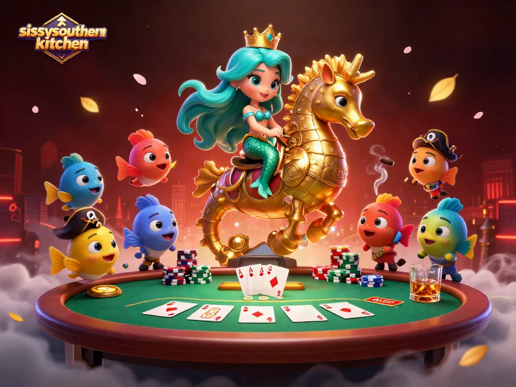 Engage with the exciting world of sissyssouthernkitchen at a vibrant poker scene featuring a mermaid princess and sea creatures.