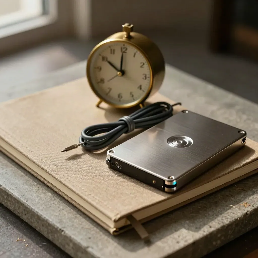 Kit de marketing con reloj de latón, cuaderno cerrado, cable enrollado y disco duro sobre piedra.