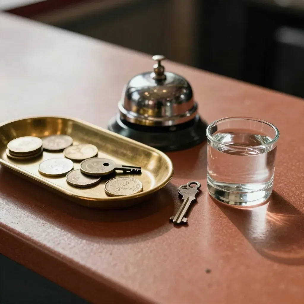 Kit de mostrador con bandeja de monedas, llave, timbre y pisapapeles sobre terracota.