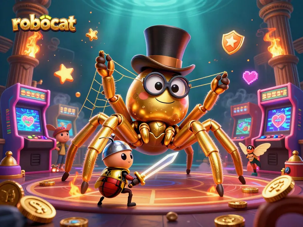 Join the robocat adventure with a golden tarantula weaving a casino web amidst vibrant gaming elements.