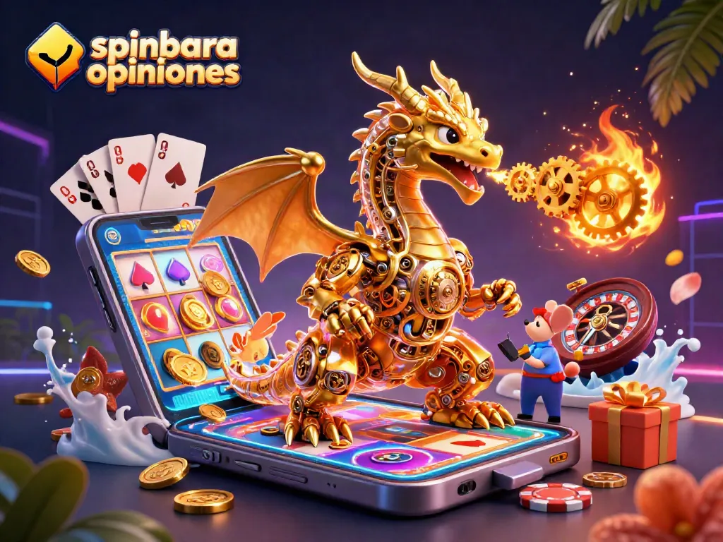Experience spinbara opiniones in a detailed 3D illustration showcasing exciting casino elements.
