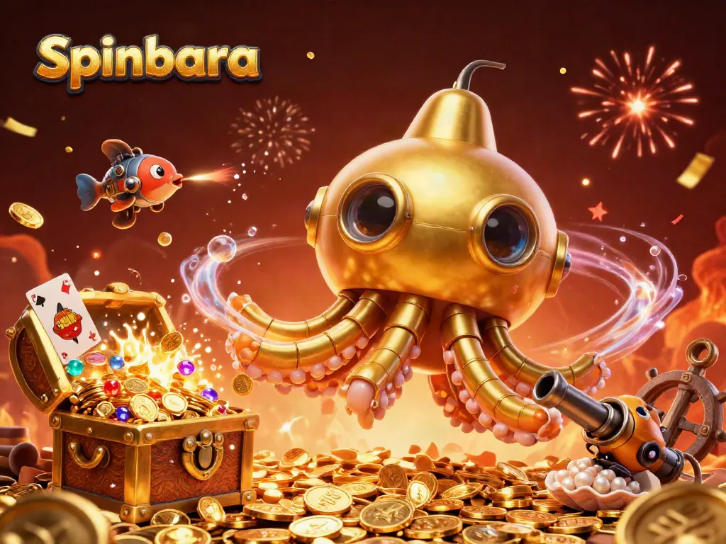 Engage with spinbara's thrilling visual of a golden kraken submarine amidst iconic gambling elements and riches.